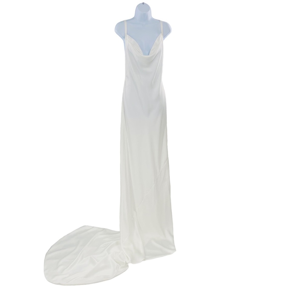 Norma Kamali Cross Back Bias Formal Satin Gown with Train in Snow White Size M - Picture 3 of 12